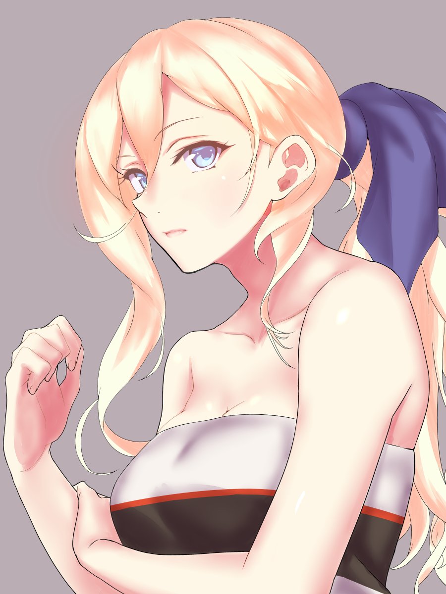 1girl bare_shoulders blonde_hair blue_eyes blue_ribbon breasts cleavage commentary_request dress grey_background hair_between_eyes hair_ribbon highres kantai_collection large_breasts long_hair multicolored multicolored_clothes multicolored_dress pink_lips ribbon richelieu_(kantai_collection) shingyo solo strapless strapless_dress upper_body