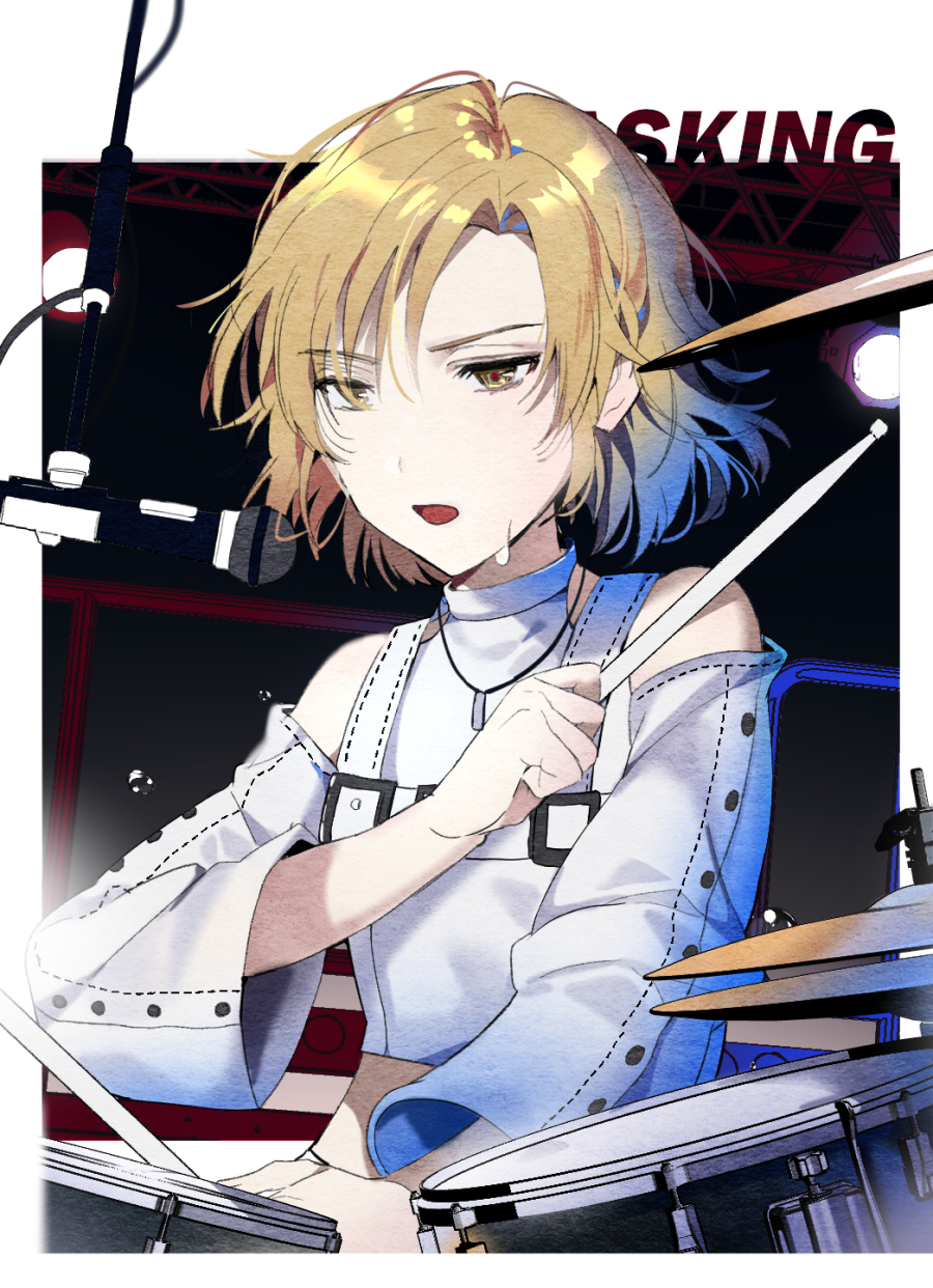 1girl bang_dream! bangs blonde_hair character_name chest_belt detached_sleeves drum drum_set drumsticks highres instrument jewelry kongya long_sleeves masking_(bang_dream!) microphone music open_mouth pendant playing_instrument raise_a_suilen scaffolding short_hair solo stage_lights studio_microphone sweat yellow_eyes