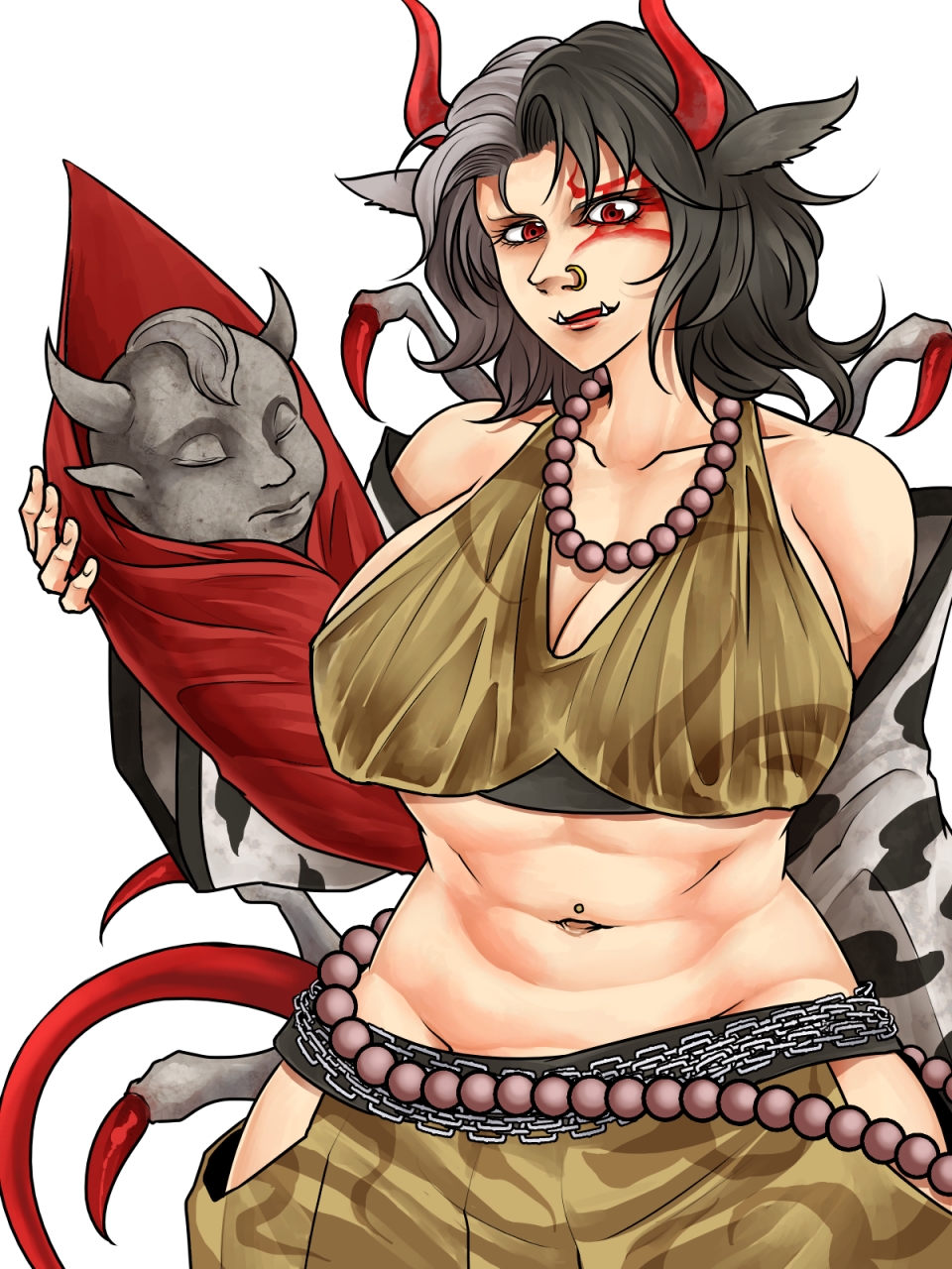 1girl animal_ears animal_print baby bare_shoulders bead_belt bead_necklace beads belly bikini_top black_hair breasts chain_belt chains cleavage collarbone commentary_request cow_ears cow_print facial_tattoo grey_hair haori highres hip_vent holding japanese_clothes jewelry large_breasts lips looking_at_viewer midriff multicolored_hair navel navel_piercing necklace nose_piercing nose_ring oni_horns parted_lips piercing red_eyes red_horns red_tail ryuuichi_(f_dragon) short_hair shorts simple_background solo spider_legs statue tattoo toned touhou tusks two-tone_hair ushizaki_urumi white_background yellow_bikini_top yellow_shorts