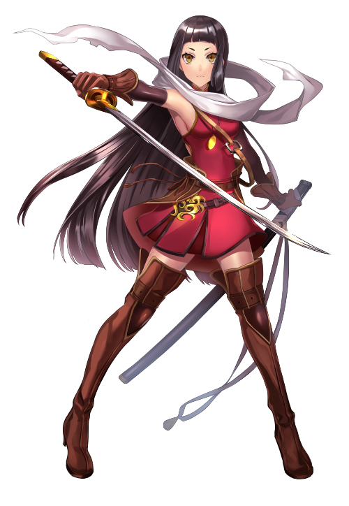 1girl black_hair boots breasts commentary_request full_body gloves green_eyes hime_cut holding holding_sword holding_weapon long_hair looking_at_viewer medium_breasts minami_ikkei original red_gloves red_shirt scarf shirt simple_background sleeveless solo sword thigh-highs thigh_boots weapon white_background white_scarf