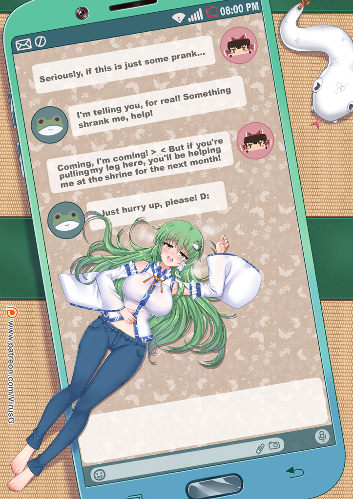 1girl animal_print avatar_icon barefoot battery_indicator blush breasts butterfly_print cellphone chat_log denim detached_sleeves english_text exhausted eyebrows_visible_through_hair feet floor frog_hair_ornament from_above full_body green_eyes green_hair hair_between_eyes hair_ornament hakurei_reimu hands heavy_breathing japanese_clothes jeans keychain kochiya_sanae legs long_hair lying miko minigirl open_mouth pants phone shrinking smartphone snake snake_hair_ornament solo tatami toenails toes touhou virus-g wide_sleeves