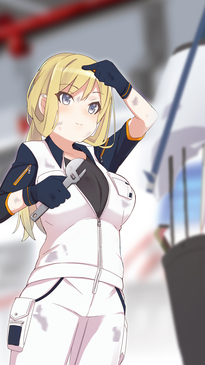 1girl alice_gear_aegis arm_up bangs black_gloves blonde_hair blurry blurry_background blush breasts character_request closed_mouth collarbone commentary_request cowboy_shot depth_of_field dirty_face eyebrows_visible_through_hair gloves grey_eyes hair_between_eyes highres holding holding_wrench jacket long_hair looking_away maze_(gochama_ze_gohan) medium_breasts open_clothes open_jacket pants short_sleeves smile solo standing sweat white_jacket white_pants wrench