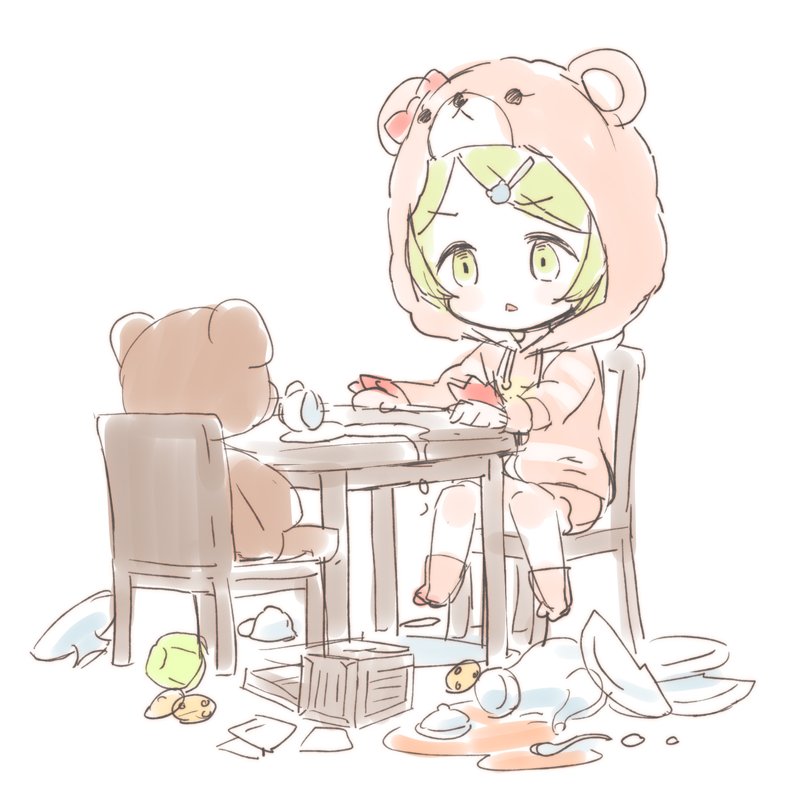 1girl animal_ears animal_hood bangs bear_ears bear_hair_ornament bear_hood blush broken_plate chair chibi commentary_request cookie crate cup drawstring eyebrows_visible_through_hair fake_animal_ears food green_eyes green_hair hair_ornament hairclip hood hood_up hooded_jacket jacket long_sleeves looking_away meito_(maze) morinaka_kazaki nijisanji no_shoes on_chair parted_lips pink_shorts plate short_shorts shorts simple_background sitting sketch solo spill spoon striped_jacket stuffed_animal stuffed_toy table teacup teapot teddy_bear virtual_youtuber white_background