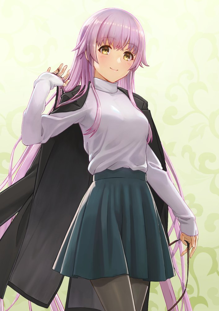 1girl alternate_costume alternate_hairstyle bangs black_coat black_legwear blush breasts closed_mouth coat eyebrows_visible_through_hair green_background hair_flaps holding holding_ribbon jacket_on_shoulders kantai_collection long_hair long_sleeves looking_at_viewer medium_breasts pink_hair pleated_skirt ribbon skirt smile solo standing sweater tantaka turtleneck turtleneck_sweater very_long_hair yellow_eyes yura_(kantai_collection)