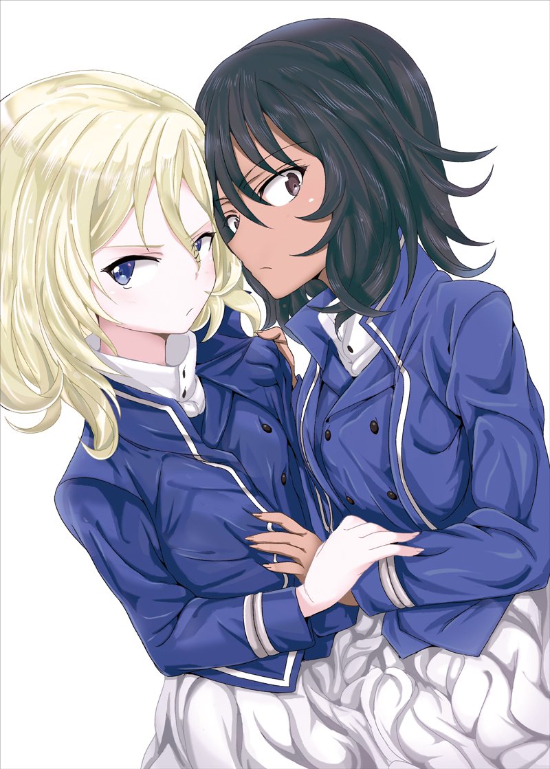 2girls andou_(girls_und_panzer) arm_grab bangs bc_freedom_military_uniform black_hair blonde_hair blue_eyes blue_jacket blue_vest brown_eyes closed_mouth clothes_grab commentary dark_skin dress_shirt dutch_angle frown girls_und_panzer glaring high_collar jacket long_sleeves looking_at_viewer medium_hair messy_hair military military_uniform multiple_girls oshida_(girls_und_panzer) pleated_skirt shibagami shirt simple_background skirt standing uniform vest white_background white_shirt white_skirt