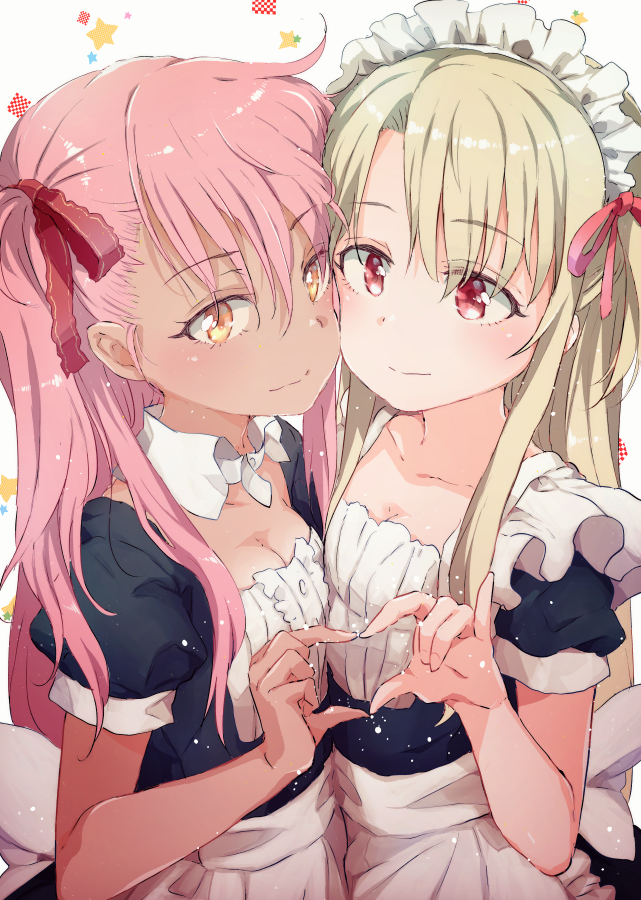 2girls alternate_costume apron bangs black_dress bow breasts brown_eyes chloe_von_einzbern cleavage collarbone commentary_request dress enmaided eyebrows_visible_through_hair fate/kaleid_liner_prisma_illya fate_(series) gomennasai grey_background hair_between_eyes hair_bow hand_up heart heart_hands heart_hands_duo illyasviel_von_einzbern light_brown_hair long_hair maid maid_headdress multiple_girls one_side_up pink_hair puffy_short_sleeves puffy_sleeves red_bow red_eyes short_sleeves simple_background small_breasts star upper_body very_long_hair waist_apron white_apron