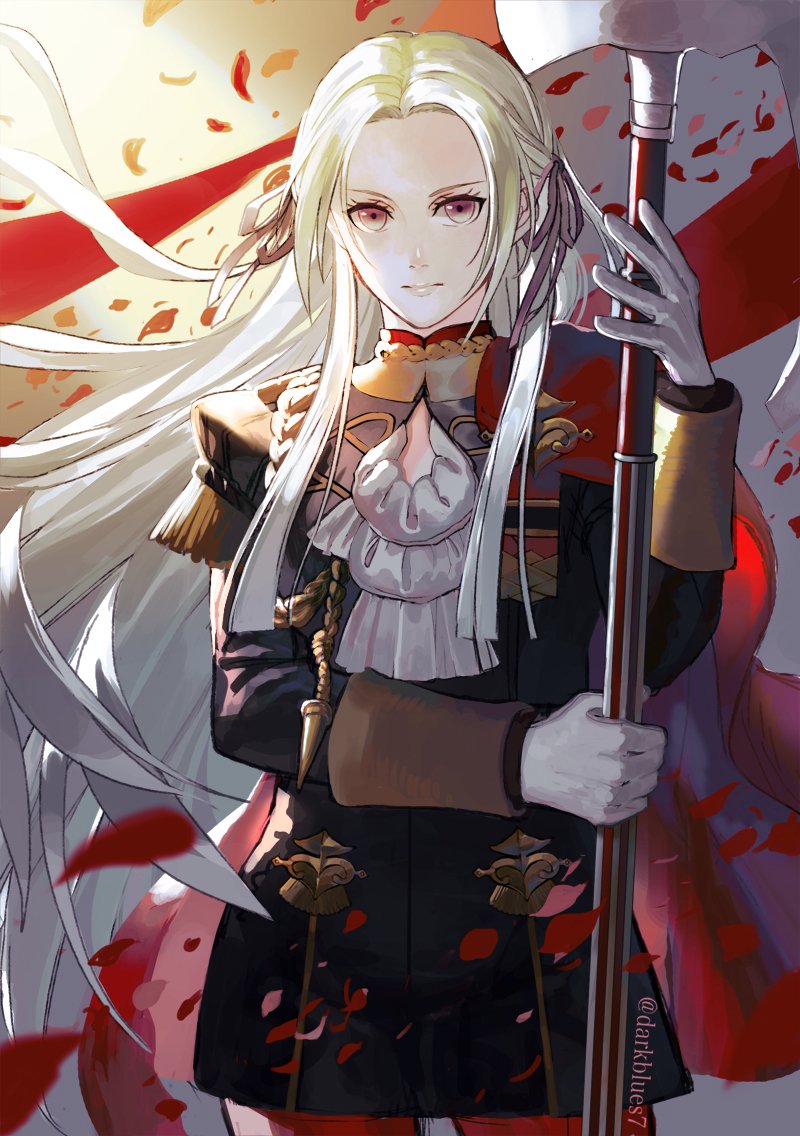 1girl axe blonde_hair blue_eyes cape cravat darkblues7 edelgard_von_hresvelgr_(fire_emblem) fire_emblem fire_emblem:_three_houses gloves hair_ornament hair_ribbon long_hair looking_at_viewer nintendo red_cape ribbon simple_background solo uniform weapon white_background