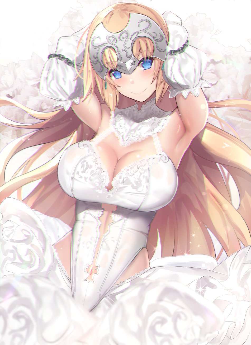 1girl ahoge armpits arms_behind_head bangs blonde_hair blush breasts chains cleavage closed_mouth cowboy_shot dress eyebrows_visible_through_hair fate_(series) headpiece highres jeanne_d'arc_(fate)_(all) lace_trim large_breasts leotard long_hair looking_at_viewer navel skindentation skirt skirt_under_leotard smile solo untsue very_long_hair wedding_dress white_leotard white_skirt