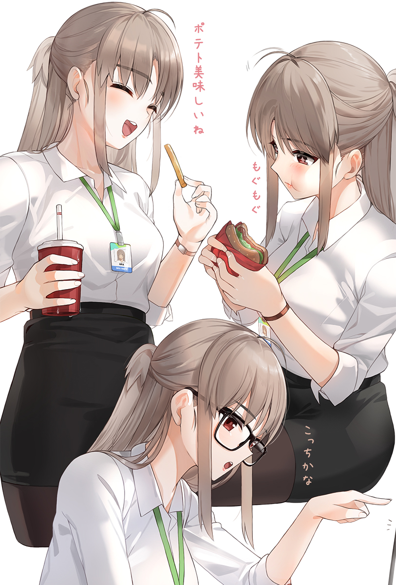 1girl ahoge bangs black_legwear black_skirt brown_eyes closed_eyes collared_shirt commentary_request cup drinking_straw eating eyebrows_visible_through_hair food glasses hamburger highres holding holding_cup kfr light_brown_hair long_hair multiple_views open_mouth original pantyhose pointing shirt sidelocks skirt translated upper_teeth white_background white_shirt