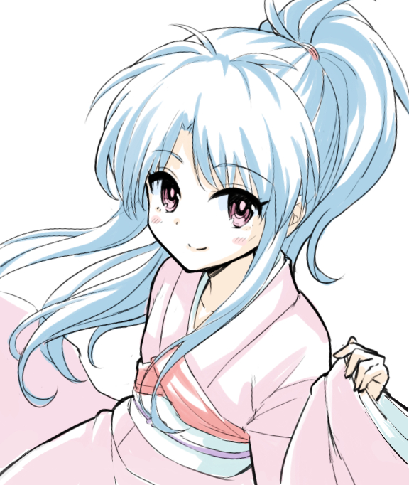 1girl blue_hair blush botan_(yuu_yuu_hakusho) closed_mouth commentary_request dress japanese_clothes kimono long_hair looking_at_viewer ponytail simple_background smile solo violet_eyes walkure white_background yuu_yuu_hakusho