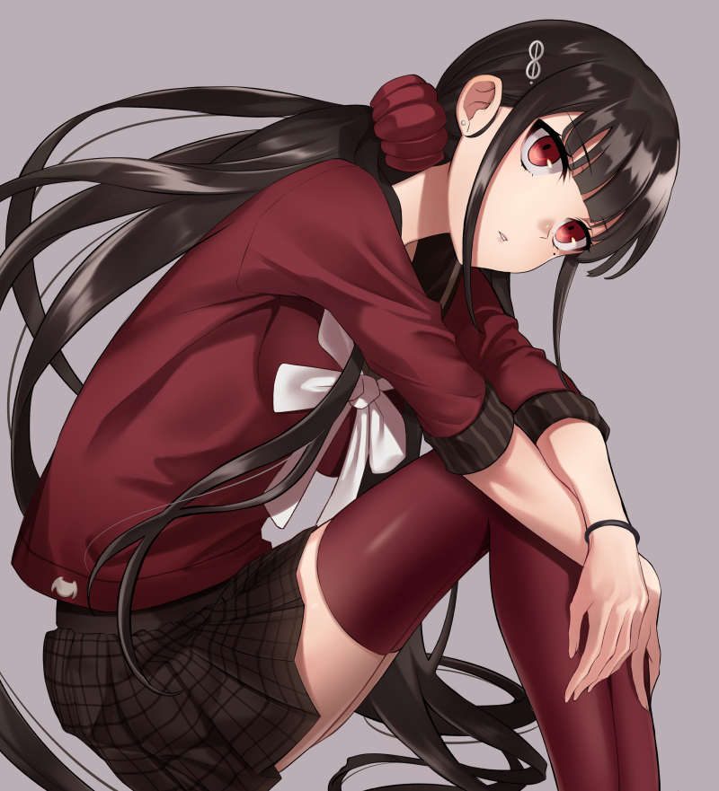 1girl bangs black_hair blunt_bangs commentary_request dangan_ronpa ear_piercing eyebrows_visible_through_hair from_side grey_background hair_ornament hairclip harukawa_maki long_hair looking_at_viewer low_twintails minami_ikkei mole mole_under_eye new_dangan_ronpa_v3 piercing plaid plaid_skirt pleated_skirt red_eyes red_legwear red_scrunchie red_shirt school_uniform scrunchie serafuku shirt short_sleeves simple_background skirt solo thigh-highs twintails very_long_hair wristband
