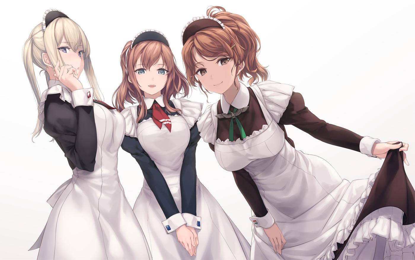 3girls alternate_costume apron apron_lift aquila_(kantai_collection) blonde_hair blue_eyes breasts brown_eyes brown_hair enmaided frills graf_zeppelin_(kantai_collection) green_neckwear kantai_collection looking_at_viewer maid maid_apron maid_headdress medium_breasts multiple_girls neckerchief ponytail puffy_sleeves red_neckwear rokuwata_tomoe saratoga_(kantai_collection) sidelocks simple_background twintails waist_apron white_background