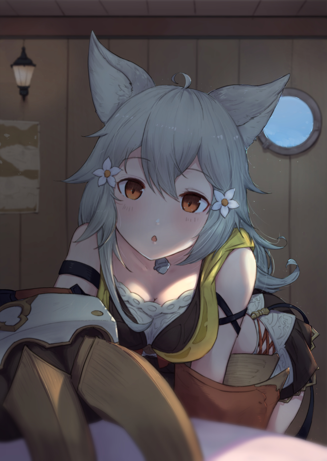 1girl ahoge animal_ear_fluff animal_ears bangs bare_shoulders bell blurry blurry_foreground blush breasts brown_eyes brown_skirt chestnut_mouth claw_(weapon) cleavage collarbone commentary_request depth_of_field erune eyebrows_visible_through_hair fang flower granblue_fantasy grey_hair hair_between_eyes hair_flower hair_ornament head_tilt highres jingle_bell leaning_forward long_hair looking_at_viewer medium_breasts parted_lips round_window sen_(granblue_fantasy) skirt solo uneg wall_lamp weapon white_flower window wooden_wall