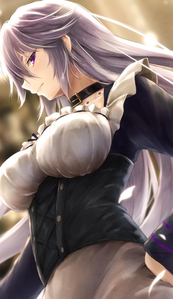 1girl bangs blurry blurry_background blush borrowed_character breasts choker collarbone corset dress expressionless framed_breasts frills hair_between_eyes hand_on_hip large_breasts long_hair long_sleeves looking_at_viewer original petals silver_hair solo suien tsurime upper_body violet_eyes