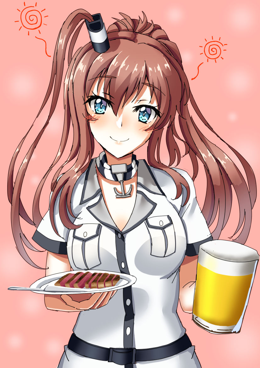 1girl alcohol anchor beer beer_mug blue_eyes blush breast_pocket breasts brown_hair cowboy_shot dress food hair_between_eyes hair_ornament kantai_collection long_hair looking_at_viewer mayura2002 meat medium_breasts neckerchief pink_background plate pocket ponytail remodel_(kantai_collection) saratoga_(kantai_collection) side_ponytail sidelocks smile smokestack solo white_dress