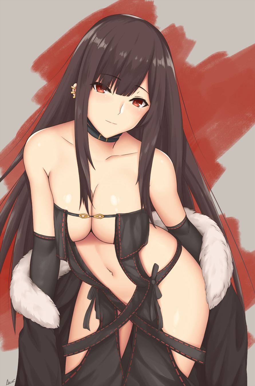 1girl arciealbano bangs bare_shoulders black_dress breasts brown_hair center_opening choker collarbone commentary_request consort_yu_(fate) dress ear_piercing earrings elbow_gloves fate/grand_order fate_(series) fur-trimmed_jacket fur_trim gloves hair_between_eyes highres jacket jewelry leaning_forward long_hair looking_at_viewer medium_breasts multiple_earrings navel off_shoulder piercing red_eyes revealing_clothes sidelocks signature simple_background solo stomach strapless strapless_dress very_long_hair