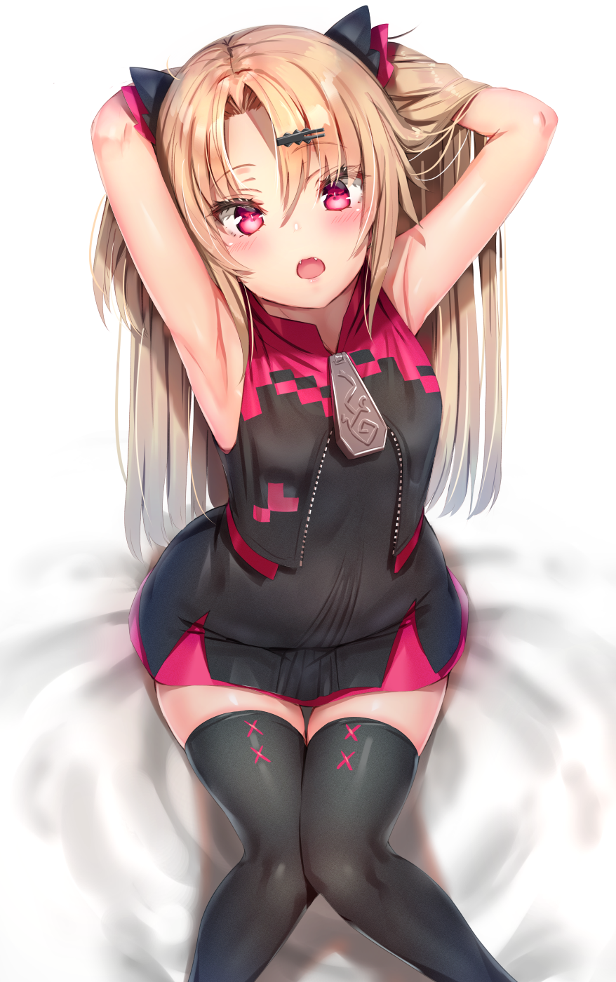 1girl :o akatsuki_yuni armpits arms_behind_head arms_up bangs bare_arms bare_shoulders black_dress black_legwear black_vest blonde_hair cropped_vest dress fangs feet_out_of_frame hair_ornament hairclip hands_in_hair highres knees_together_feet_apart long_hair looking_at_viewer open_mouth parted_bangs pink_eyes reinama sitting sleeveless solo thigh-highs thigh_gap two_side_up uni_channel vest virtual_youtuber white_background zettai_ryouiki zipper zipper_pull_tab