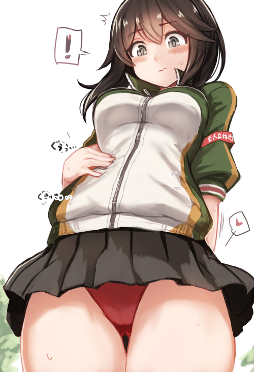! 1girl black_hair black_skirt blush_stickers closed_mouth commentary_request cowboy_shot from_below grey_eyes hand_on_own_stomach hayasui_(kantai_collection) jacket kantai_collection looking_down miniskirt panties pleated_skirt red_panties short_hair skirt spoken_exclamation_mark thighs track_jacket turtleneck underwear utopia white_jacket zipper