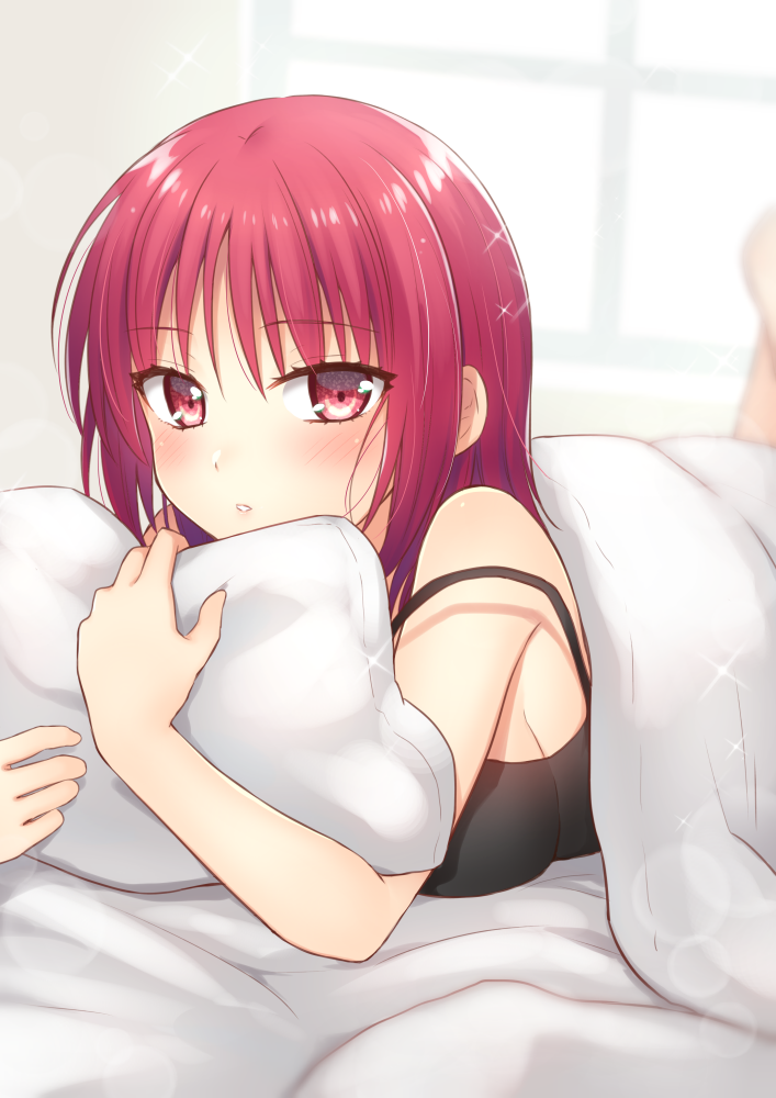 1girl angel_beats! barefoot bed bed_sheet blurry depth_of_field iwasawa looking_at_viewer lying nakamura_hinato on_stomach parted_lips pillow red_eyes redhead short_hair sleepwear solo sparkle strap_slip window