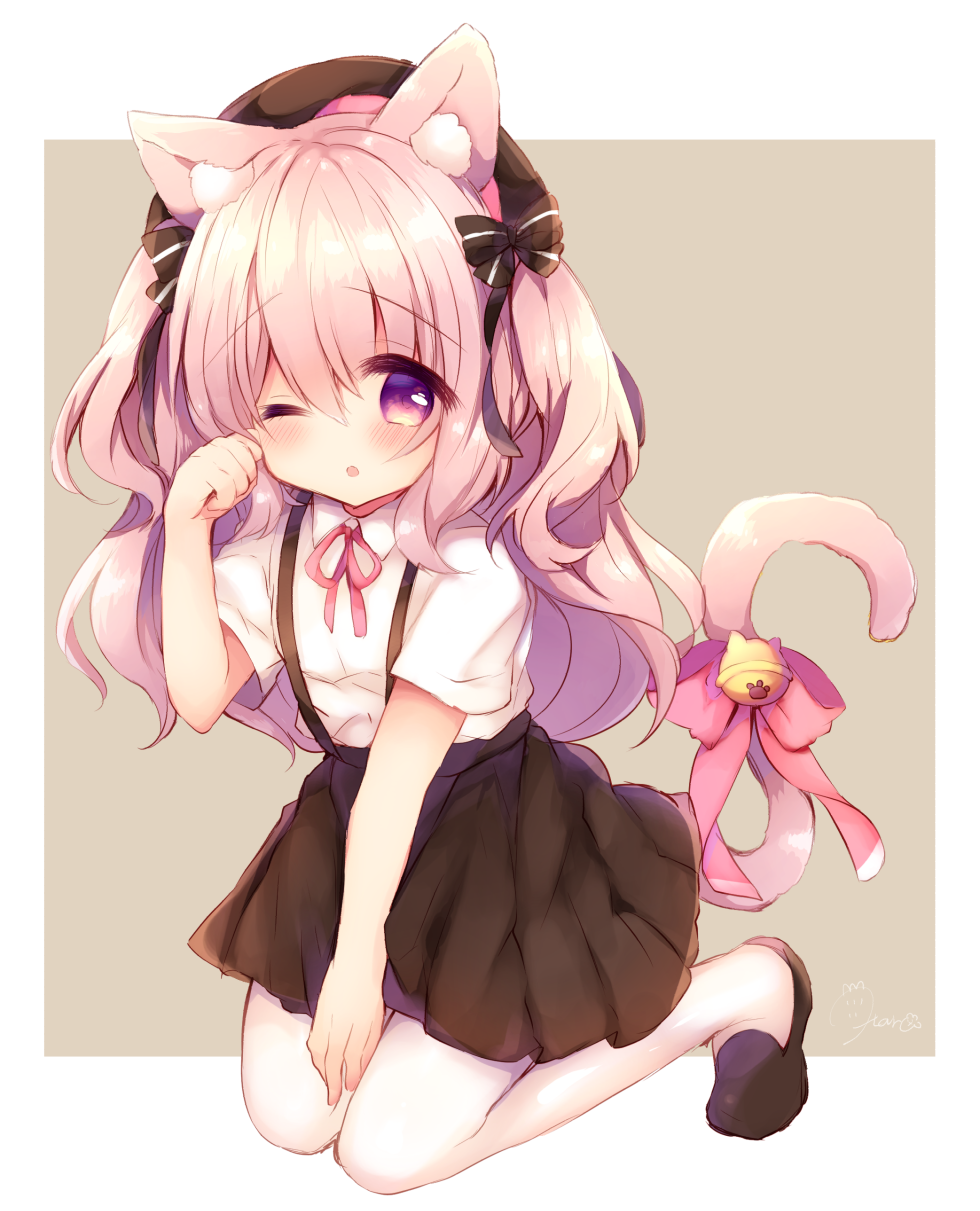 1girl ;o animal_ear_fluff animal_ears azur_lane bangs bell beret black_bow black_footwear blush bow brown_background brown_headwear brown_skirt cat_ears cat_girl cat_tail collared_shirt commentary_request eyebrows_visible_through_hair full_body hair_between_eyes hand_up haru_ichigo hat highres jingle_bell kisaragi_(azur_lane) kneeling long_hair neck_ribbon one_eye_closed pantyhose parted_lips pink_bow pink_hair pink_ribbon pleated_skirt ribbon shirt shoes short_sleeves skirt solo striped striped_bow suspender_skirt suspenders tail tail_bell tail_bow tail_raised two-tone_background two_side_up very_long_hair violet_eyes white_background white_legwear white_shirt
