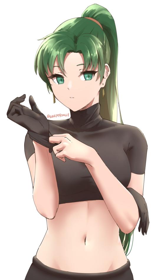 1girl adjusting_clothes adjusting_gloves alternate_costume bangs belly_button black_gloves breasts cowboy_shot crop_top earrings expressionless fire_emblem fire_emblem:_rekka_no_ken gloves gloves_removed green_eyes green_hair intelligent_systems jewelry long_hair looking_at_viewer lyndis_(fire_emblem) medium_breasts midriff moe navel nintendo parted_bangs ponytail short_sleeves simple_background single_glove skeptycally solo taut_clothes turtleneck twitter_username white_background