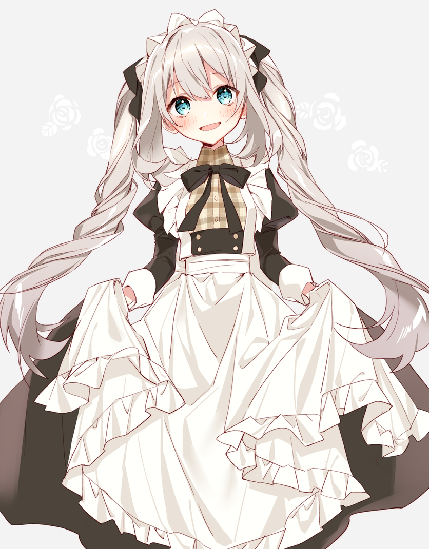 1girl :d alternate_costume apron bangs black_dress black_neckwear black_ribbon blue_eyes blush commentary_request dress enmaided eyebrows_visible_through_hair fate/grand_order fate_(series) feet_out_of_frame floral_background frilled_apron frills grey_background head_tilt juliet_sleeves long_hair long_sleeves looking_at_viewer maid maid_headdress marie_antoinette_(fate/grand_order) naoto_(tulip) neck_ribbon open_mouth puffy_sleeves ribbon silver_hair skirt_hold smile solo standing tail twintails very_long_hair white_apron