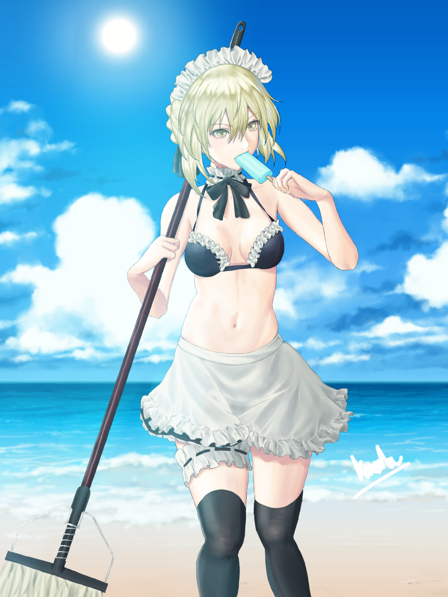 1girl apron artoria_pendragon_(all) artoria_pendragon_(swimsuit_rider_alter) asurada_yui beach bikini black_bikini black_legwear black_ribbon black_skirt blonde_hair blue_sky braided_bun breasts broom choker cleavage clouds collarbone day eyebrows_visible_through_hair fate/grand_order fate_(series) food frilled_apron frilled_bikini_top frills hair_between_eyes halterneck highres holding holding_broom holding_food ice_cream maid_bikini maid_headdress medium_breasts miniskirt navel neck_ribbon ocean outdoors popsicle ribbon shiny shiny_hair short_hair skirt sky solo standing sun swimsuit thigh-highs thigh_strap waist_apron white_apron yellow_eyes zettai_ryouiki