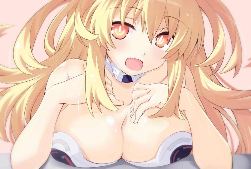 1girl bare_shoulders blonde_hair blush breasts cleavage collar eyebrows_visible_through_hair fang hands_on_own_chest iwasi-r kami_jigen_game_neptune_v large_breasts long_hair neptune_(series) open_mouth orange_eyes power_symbol smile solo symbol-shaped_pupils yellow_heart