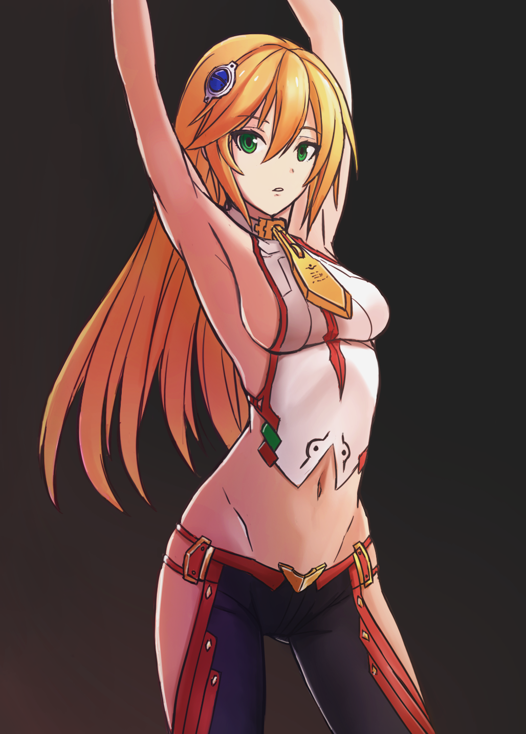 1girl armpits arms_up black_background black_pants blazblue breasts cosplay green_eyes hair_ornament hairclip halter_top halterneck highres hip_vent long_hair lowleg lowleg_pants mai_natsume mai_natsume_(cosplay) medium_breasts navel no_bra no_panties noel_vermillion pants revision sideboob solo yoyuki zipper_pull_tab