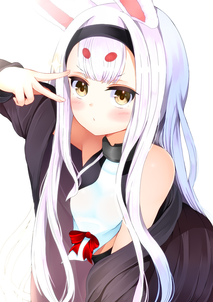 1girl animal_ears azur_lane bangs bare_shoulders black_hairband blush bow eyebrows_visible_through_hair fingernails full_body hairband hand_up hidaka0503 long_hair long_sleeves rabbit_ears red_bow shimakaze_(azur_lane) simple_background solo v v-shaped_eyebrows v_over_eye very_long_hair white_hair yellow_eyes