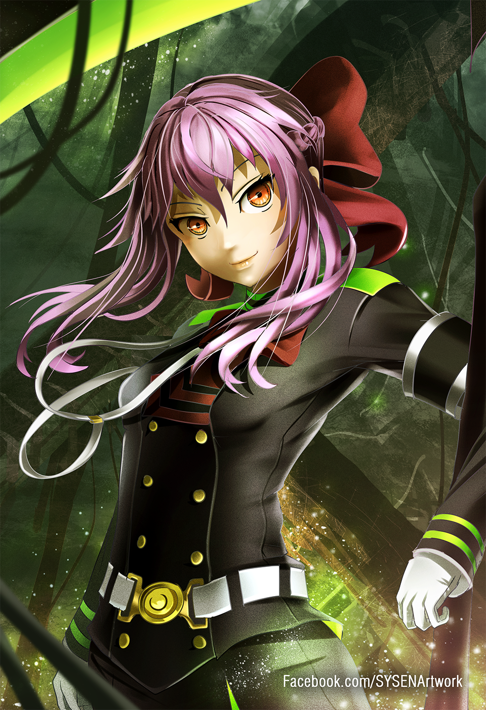 1girl black_jacket black_skirt bow floating_hair gloves hair_between_eyes hair_bow head_tilt highres hiiragi_shinoa jacket long_hair long_sleeves looking_at_viewer military_jacket orange_eyes owari_no_seraph purple_hair red_bow scythe skirt smile solo standing sysen watermark web_address white_gloves