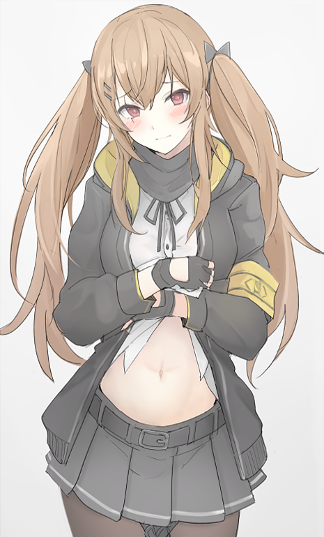 1girl armband bangs belt belt_buckle black_belt black_bow black_gloves black_jacket blush bow breasts brown_hair brown_legwear buckle closed_mouth commentary_request cowboy_shot dress_shirt eyebrows_visible_through_hair fingerless_gloves girls_frontline gloves grey_background grey_skirt hair_between_eyes hair_bow hair_ornament hairclip head_tilt hood hood_down hooded_jacket jacket lifted_by_self long_hair looking_at_viewer mobu navel open_clothes open_jacket pantyhose pleated_skirt red_eyes scar scar_across_eye shirt shirt_lift simple_background skirt small_breasts smile solo twintails ump9_(girls_frontline) very_long_hair white_shirt