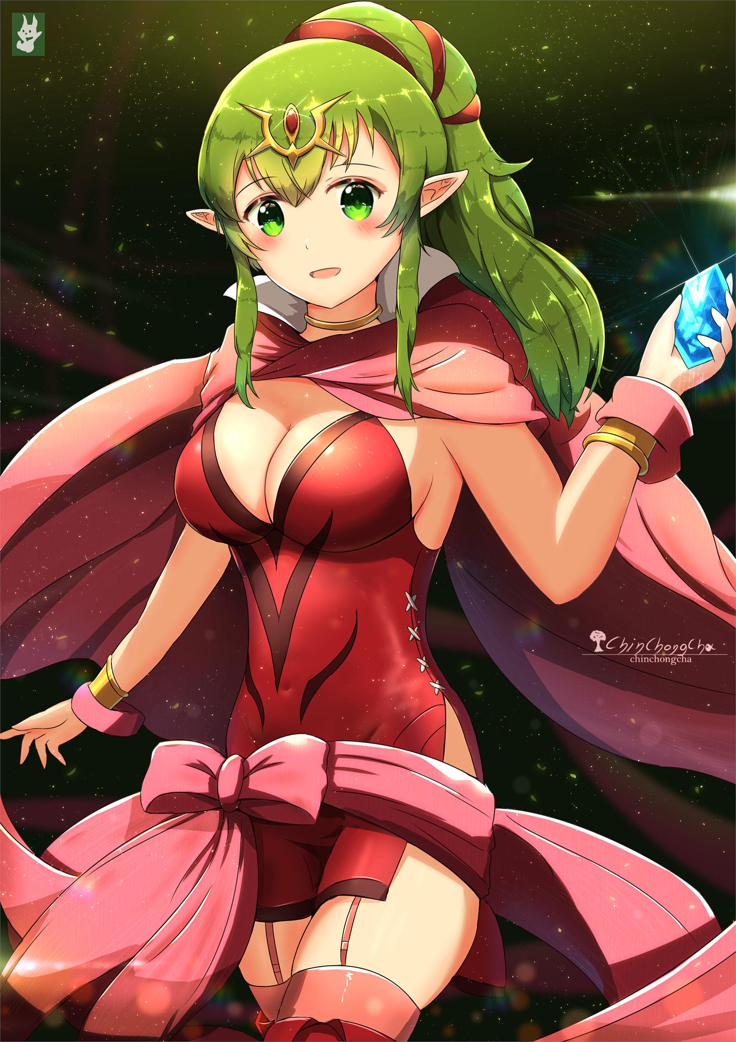 1girl adult artist_name bracelet breasts chiki chinchongcha cleavage cute dress fire_emblem fire_emblem:_kakusei fire_emblem:_mystery_of_the_emblem green_eyes green_hair hair_ribbon highres intelligent_systems jewelry long_hair mamkute nintendo open_mouth pointy_ears ponytail red_dress ribbon short_dress side_slit solo stone teenage tiara