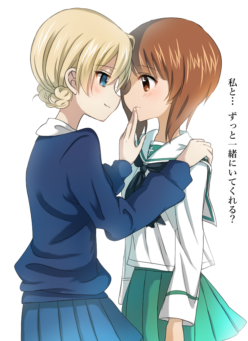 2girls blonde_hair blue_eyes blush braid brown_eyes brown_hair closed_mouth darjeeling eyebrows eyebrows_visible_through_hair girls_und_panzer imminent_kiss looking_at_another monochrome_background multiple_girls nishizumi_miho ooarai_school_uniform open_mouth rurikoke school_uniform shiny shiny_hair short_hair simple_background skirt smile st._gloriana's_school_uniform translated white_background yuri