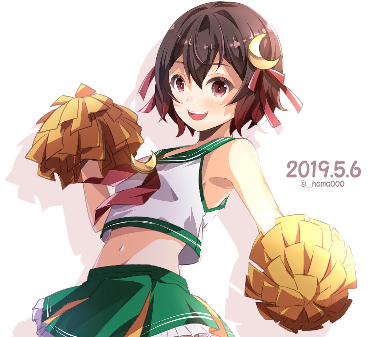 1girl adapted_costume brown_hair cheerleader commentary_request cowboy_shot crescent crescent_hair_ornament crescent_moon_pin crop_top dated gradient_hair green_sailor_collar green_skirt hair_ornament hama_(_hama000) kantai_collection midriff miniskirt multicolored_hair mutsuki_(kantai_collection) navel neckerchief pleated_skirt pom_poms red_neckwear redhead remodel_(kantai_collection) sailor_collar short_hair skirt sleeveless smile solo twitter_username