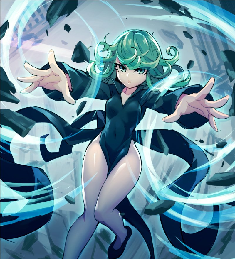 1girl :o bangs black_dress black_footwear breasts chingisu covered_navel curly_hair dress eyes_visible_through_hair fingernails green_eyes green_hair leg_up long_sleeves medium_hair no_panties one-punch_man open_mouth outstretched_arms pelvic_curtain shoes side_slit small_breasts solo tatsumaki wind