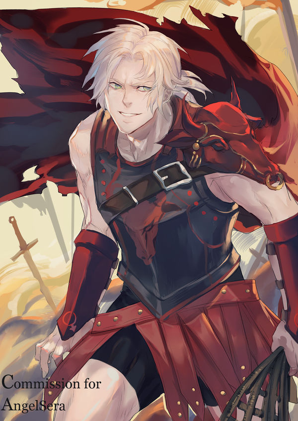 1boy armor black_shorts blonde_hair bracer cape commission flag green_eyes grin julia_yit looking_at_viewer male_focus original planted_weapon red_cape shorts smile watermark weapon