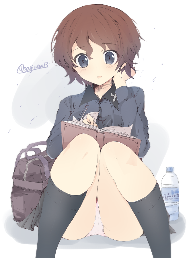 1girl akaboshi_koume bag black_legwear black_skirt blue_eyes book bottle brown_hair commentary_request dress_shirt eyebrows_visible_through_hair getsumen_suibaku_ver._a(c) girls_und_panzer grey_shirt hand_in_hair holding holding_book kuromorimine_school_uniform light_blush long_sleeves looking_at_viewer miniskirt open_mouth panties pantyshot pantyshot_(sitting) pleated_skirt reading school_bag school_uniform shirt short_hair sitting skirt smile socks solo twitter_username underwear water_bottle wavy_hair white_panties