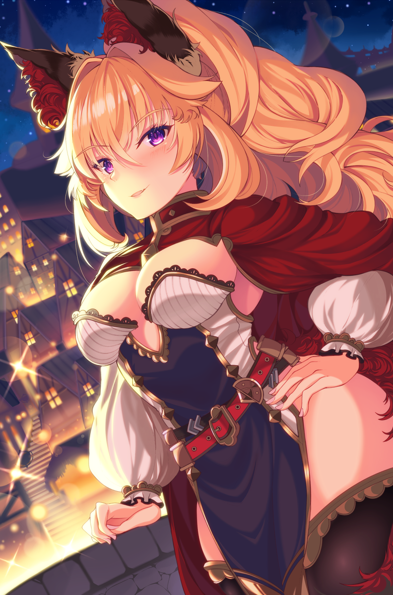 1girl :d animal_ear_fluff animal_ears bangs belt breasts city_lights cityscape cloak cowboy_shot detached_sleeves dress eyebrows_visible_through_hair fang fox_ears hand_on_hip large_breasts long_hair long_sleeves looking_at_viewer mizuyoukan_(mikususannda) night open_mouth original outdoors pelvic_curtain ponytail sidelocks smile solo strapless strapless_dress thigh-highs thighs violet_eyes
