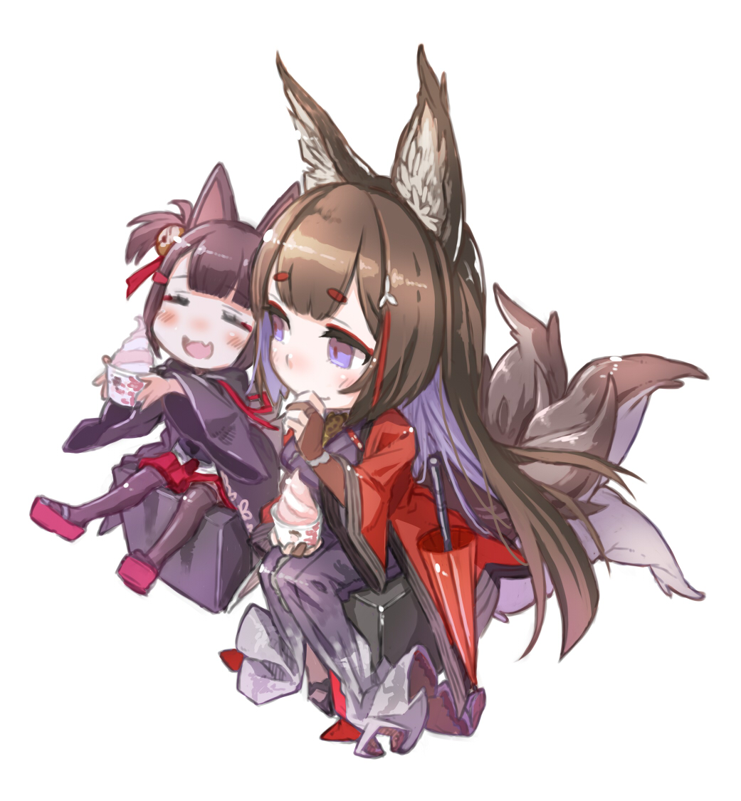 2girls :d ^_^ akagi-chan_(azur_lane) amagi_(azur_lane) animal_ears azur_lane bangs bell black_coat black_footwear black_gloves black_legwear blue_eyes blunt_bangs blush bridal_gauntlets brown_hair closed_eyes closed_eyes coat commentary_request dress fang food fox_ears fox_tail frozen_yogurt geta gloves hair_bell hair_ornament hands_up holding holding_food jingle_bell long_hair looking_at_another multiple_girls multiple_tails open_mouth pleated_skirt red_coat red_footwear red_skirt short_hair sitting skin_fang skirt smile tail thigh-highs two_side_up umbrella white_dress wide_sleeves younger