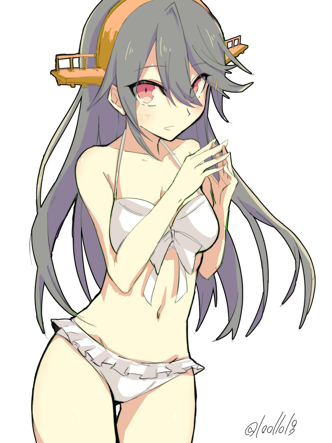 10011018 1girl bikini black_hair breasts cleavage collarbone cowboy_shot frilled_bikini frills groin hairband hands_clasped haruna_(kantai_collection) headgear highres kantai_collection long_hair looking_at_viewer medium_breasts navel own_hands_together red_eyes simple_background solo standing swimsuit thigh_gap twitter_username white_background white_bikini