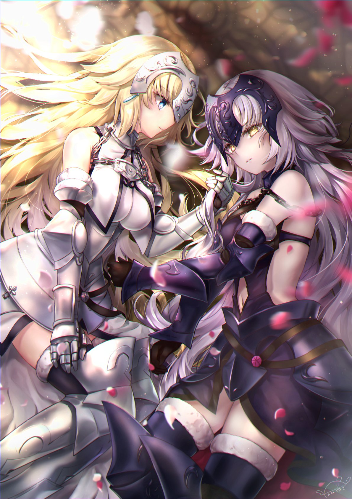 2girls armor armored_dress bangs blonde_hair blue_eyes blush braid breasts cape cleavage dress eyebrows_visible_through_hair fate/apocrypha fate/grand_order fate_(series) fur_trim gauntlets gloves hane_yuki headpiece highres holding holding_hair jeanne_d'arc_(alter)_(fate) jeanne_d'arc_(fate) jeanne_d'arc_(fate)_(all) large_breasts light_particles long_hair looking_at_another looking_at_viewer lying medium_breasts multiple_girls on_side open_mouth silver_hair single_braid smile thigh-highs tsurime very_long_hair yellow_eyes