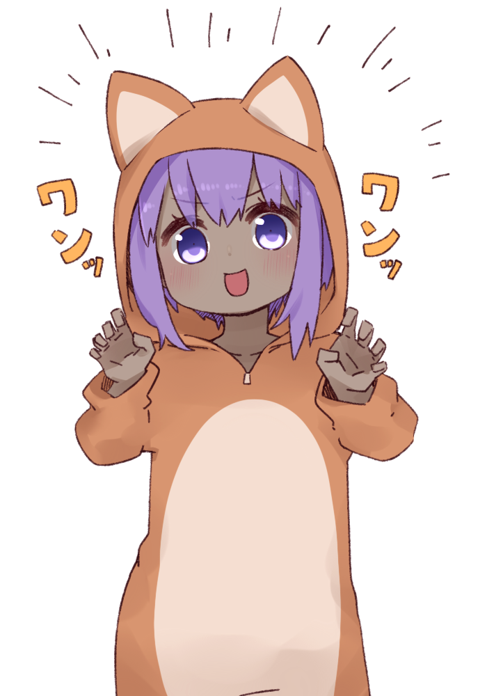 1girl :d animal_costume animal_ears bangs blush claw_pose collarbone dark_skin emphasis_lines eyebrows_visible_through_hair fake_animal_ears fate/prototype fate/prototype:_fragments_of_blue_and_silver fate_(series) fox_costume fox_ears fox_hood hair_between_eyes hands_up hassan_of_serenity_(fate) hood hood_up i.u.y looking_at_viewer open_mouth purple_hair sidelocks simple_background smile solo v-shaped_eyebrows violet_eyes white_background