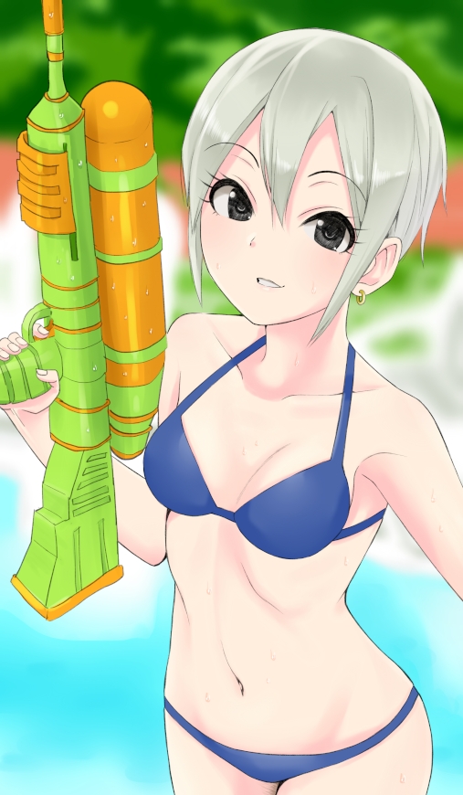 1girl bikini black_eyes blue_bikini blurry blurry_background breasts cleavage collarbone earrings eyebrows_visible_through_hair ginnote gun hair_between_eyes halterneck holding holding_gun holding_weapon idolmaster idolmaster_cinderella_girls jewelry looking_at_viewer navel parted_lips shiny shiny_hair shiomi_shuuko short_hair silver_hair small_breasts solo standing swimsuit water_gun weapon