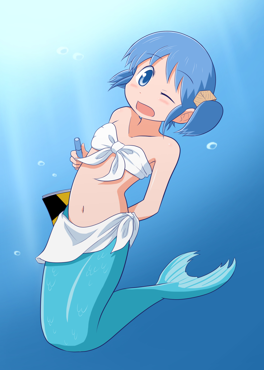 blue_background book breasts highres mermaid monster_girl monsterification morinaka_hajime naganohara_mio nichijou one_eye_closed open_mouth pen small_breasts swimsuit white_swimsuit