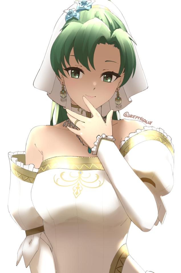 1girl artist_name bare_shoulders breasts bridal_gauntlets bridal_veil choker closed_mouth collarbone cute dress earrings facing_viewer finger_to_mouth fire_emblem fire_emblem:_rekka_no_ken fire_emblem_heroes gloves gold_trim green_eyes green_hair high_ponytail intelligent_systems jewelry large_breasts long_hair looking_at_viewer lyndis_(fire_emblem) nintendo ponytail ring simple_background skeptycally smile solo strapless strapless_dress twitter_username veil wedding_dress wedding_ring white_background white_dress