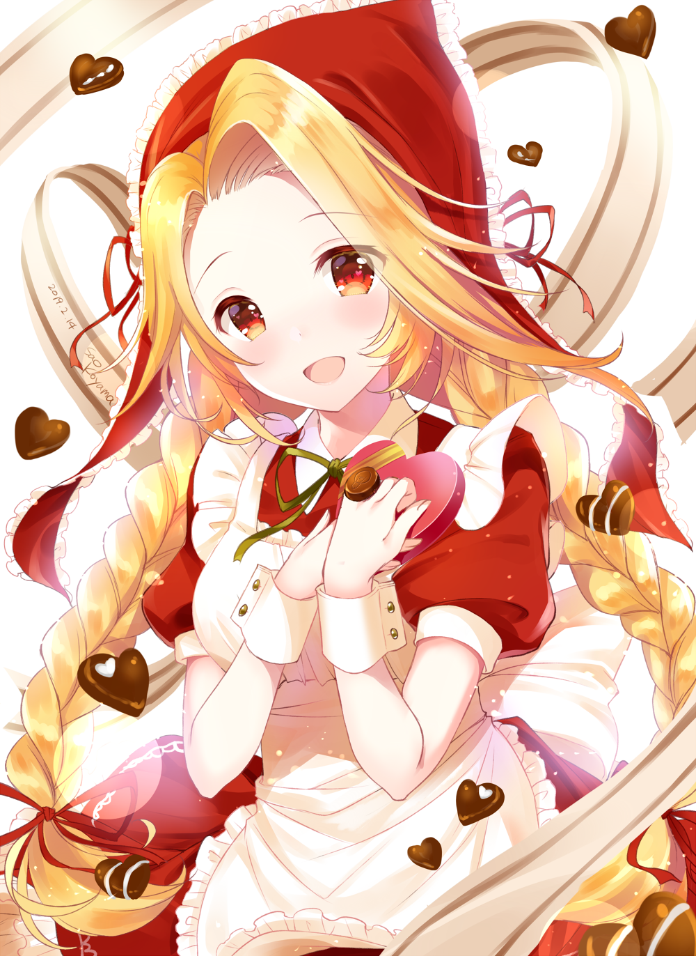 1girl :d apron blonde_hair box chocolate chocolate_heart drill_hair floating_hair frilled_apron frills gift gift_box green_ribbon hair_intakes hair_ribbon heart highres holding_bow koyama_sao long_hair looking_at_viewer neck_ribbon open_mouth red_eyes red_hood red_ribbon red_shirt red_skirt ribbon saga saga_frontier_2 shirt short_sleeves skirt smile solo twin_drills very_long_hair white_apron