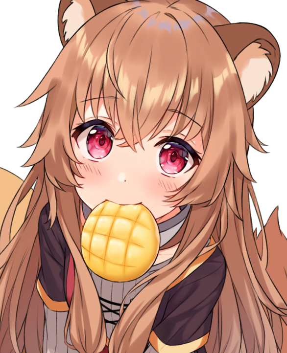 1girl animal_ear_fluff animal_ears bangs bread brown_hair commentary english_commentary eyebrows_visible_through_hair food food_in_mouth hair_between_eyes hitsukuya long_hair looking_at_viewer melon_bread mouth_hold raccoon_ears raphtalia red_eyes simple_background solo tate_no_yuusha_no_nariagari white_background