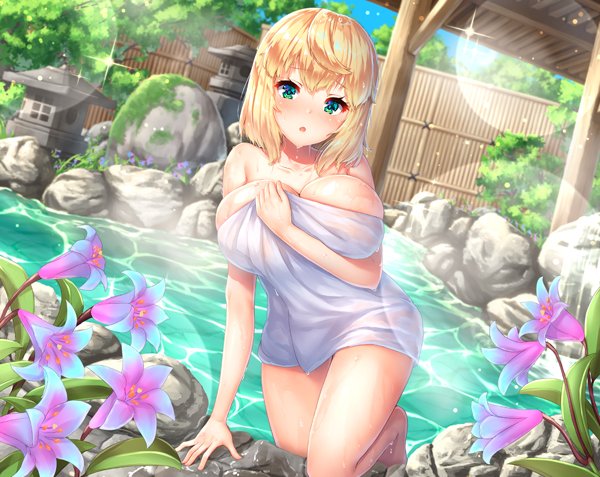 1girl :o aqua_eyes bangs bare_shoulders blue_sky blurry blush bokeh breasts collarbone day depth_of_field flower large_breasts light_particles long_hair looking_at_viewer moss naked_towel official_art one_knee onsen original outdoors pensuke plant rock sidelocks skindentation sky solo towel tree wading wet
