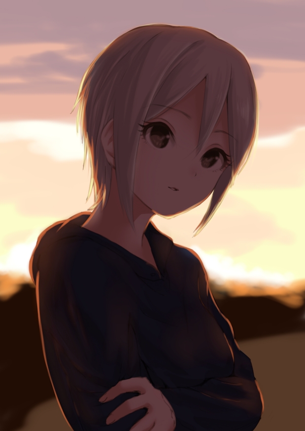 1girl backlighting black_sweater blurry blurry_background brown_eyes crossed_arms ginnote hair_between_eyes idolmaster idolmaster_cinderella_girls outdoors parted_lips shiomi_shuuko short_hair silver_hair solo sweater upper_body